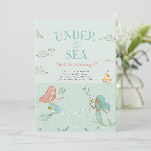 Onder het Zee Mermaid verjaardagsfeestje Uitnodigi Kaart (Staand voorkant)