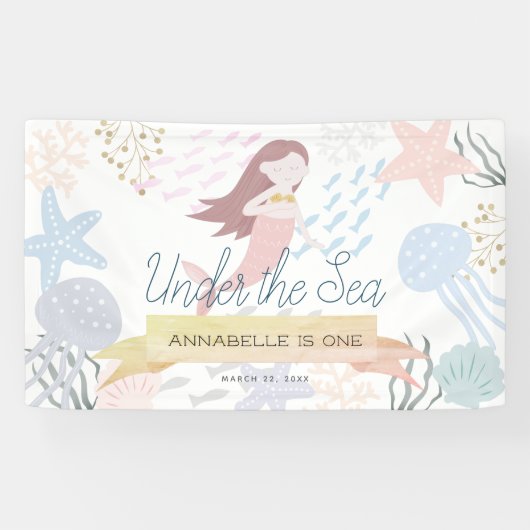Onder het Zee Mermaid White Birthday Spandoek (Horizontaal)