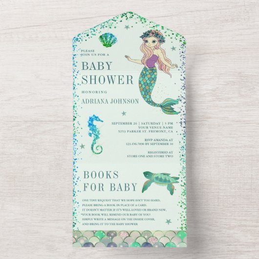 Onder het Zee Mint Green Mermaid Baby shower All In One Uitnodiging (Binnen)
