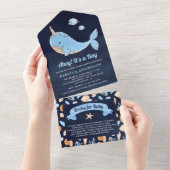 Onder het Zee Narwhal Navy Blue Baby shower All In One Uitnodiging (Afscheurbaar)