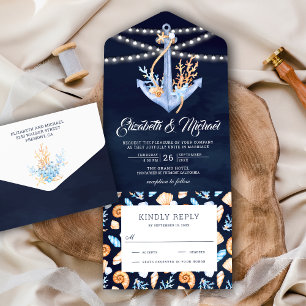 Onder het Zee Nautical Anchor Navy Blue Wedding All In One Uitnodiging