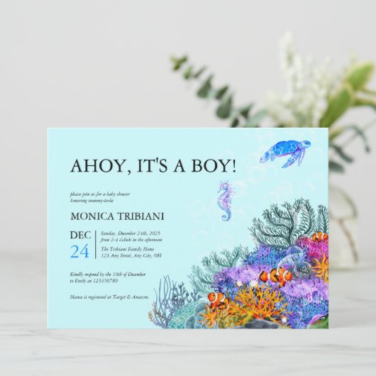 Onder het Zee Nautical Boy Baby shower Modern Kaart (Staand voorkant)