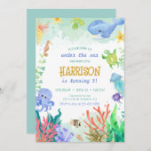 Onder het Zee Nautical Whale Turtle Birthday Invit Kaart (Voorkant / Achterkant)