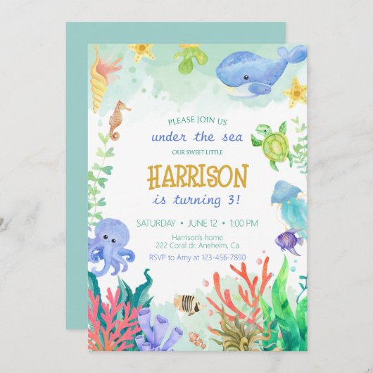 Onder het Zee Nautical Whale Turtle Birthday Kaart (Voorkant / Achterkant)