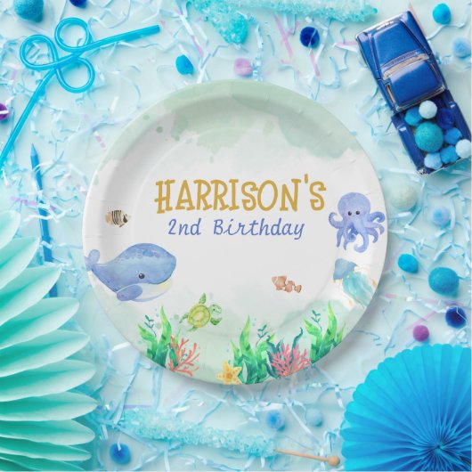 Onder het Zee Nautical Whale Turtle Birthday Papieren Bordje (Feest)