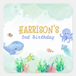 Onder het Zee Nautical Whale Turtle Birthday Vierkante Sticker