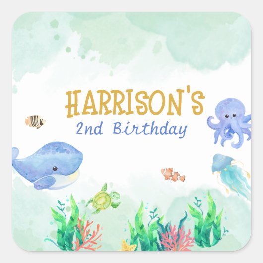Onder het Zee Nautical Whale Turtle Birthday Vierkante Sticker (Voorkant)