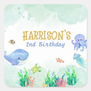Onder het Zee Nautical Whale Turtle Birthday Vierkante Sticker