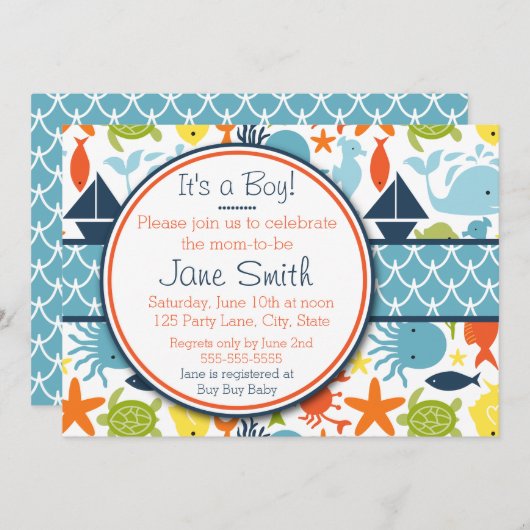 Onder het Zee, Nautisch Baby shower Kaart (Voorkant / Achterkant)