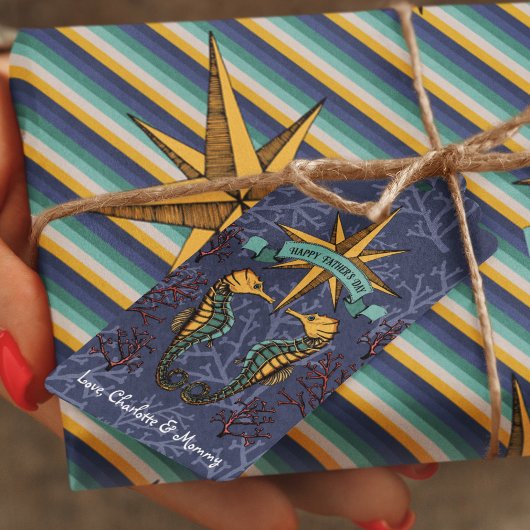 Onder het Zee Navy Seahorse & Corals Nautical Cadeaulabel