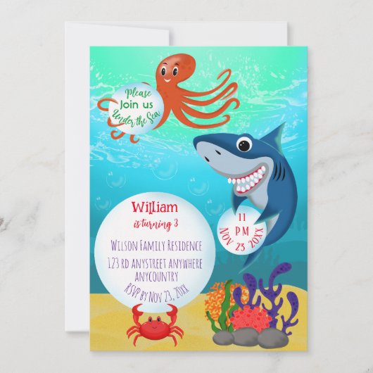Onder het Zee nodigen dieren uit voor een verjaard Kaart (Voorkant)