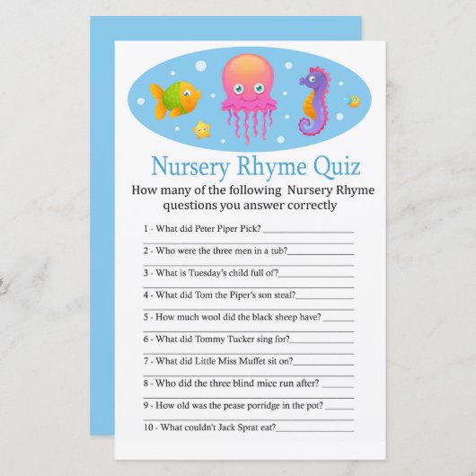 Onder het zee Nursery Rhyme Quiz baby shower game (Voorkant / Achterkant)
