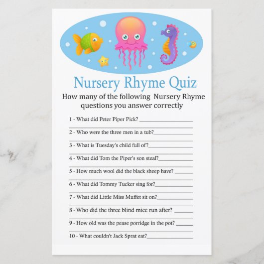 Onder het zee Nursery Rhyme Quiz baby shower game (Voorkant)