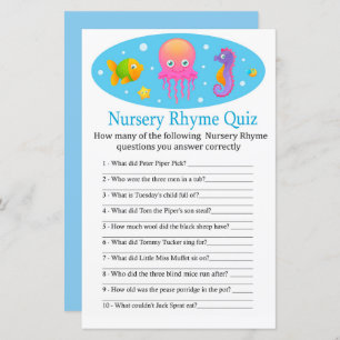 Onder het zee Nursery Rhyme Quiz baby shower game
