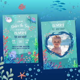 Onder het Zee Ocean 1st Baby Boy Birthday Invitat Kaart