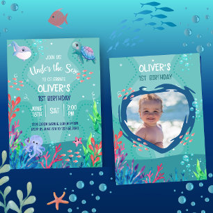 Onder het Zee Ocean 1st Baby Boy Birthday Invitat Kaart