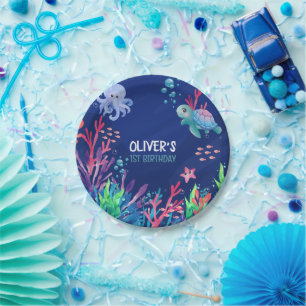 Onder het Zee Ocean 1st Baby Boy Verjaardag Papieren Bordje
