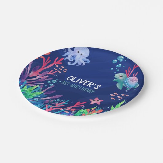Onder het Zee Ocean 1st Baby Boy Verjaardag Papieren Bordje (Gekanteld)