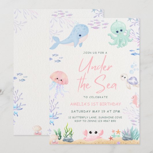 Onder het Zee Ocean Animals 1st Birthday Invitatio Feestdagenkaart (Voorkant / Achterkant)