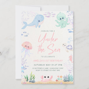 Onder het Zee Ocean Animals 1st Birthday Invitatio Feestdagenkaart