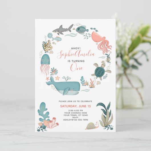 Onder het Zee Ocean Animals 1st Birthday Script Kaart (Staand voorkant)