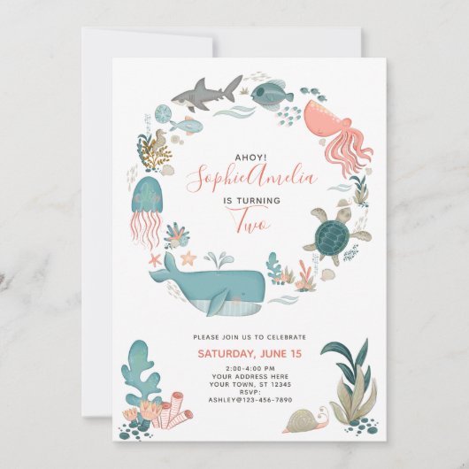 Onder het Zee Ocean Animals 2e Birthday Script Kaart (Voorkant)