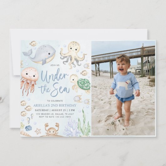 Onder het Zee Ocean Animals Birthday Party Foto Kaart (Voorkant)