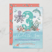 Onder het Zee Ocean Animals Birthday party Kaart (Voorkant / Achterkant)