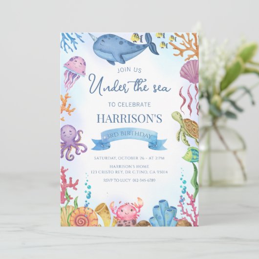 Onder het Zee Ocean Animals Boy Birthday Kaart (Staand voorkant)