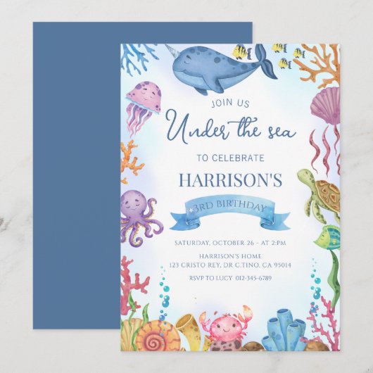 Onder het Zee Ocean Animals Boy Birthday Kaart (Voorkant / Achterkant)