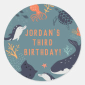 Onder het Zee Ocean Animals Boy Birthday Party Ronde Sticker (Voorkant)