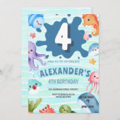 Onder het Zee Ocean Animals Nautical 4th Birthday Kaart (Voorkant / Achterkant)