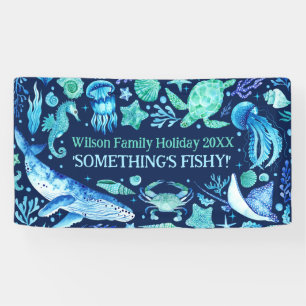 Onder het Zee Ocean Animals Navy Blue Waterverf Spandoek