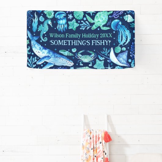 Onder het Zee Ocean Animals Navy Blue Waterverf Spandoek (Insitu)