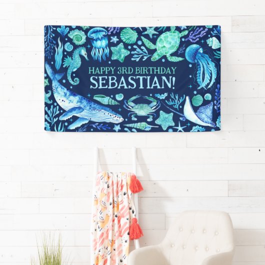Onder het Zee Ocean Animals Navy Blue Waterverf Spandoek (Insitu)