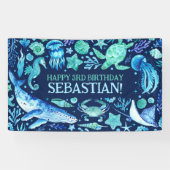 Onder het Zee Ocean Animals Navy Blue Waterverf Spandoek (Horizontaal)