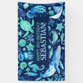 Onder het Zee Ocean Animals Navy Blue Waterverf Spandoek (Verticaal)