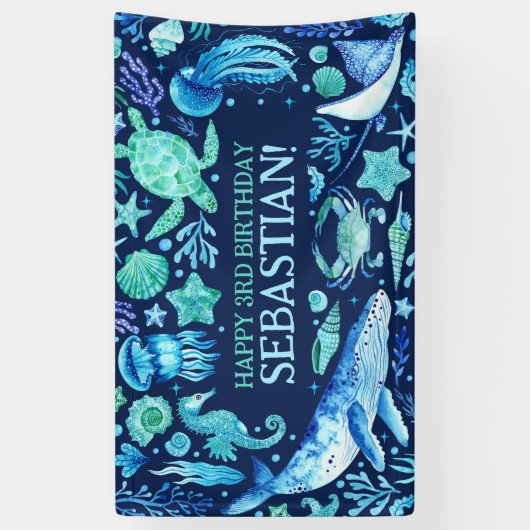 Onder het Zee Ocean Animals Navy Blue Waterverf Spandoek (Verticaal)