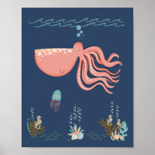Onder het Zee Ocean Animals Octopus Nursery Poster (Voorkant)