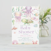 Onder het Zee Ocean Animals paarse baby shower Kaart (Staand voorkant)