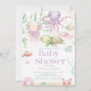 Onder het Zee Ocean Animals paarse baby shower Kaart