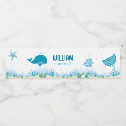 Onder het Zee, Ocean Animals Party Theme Waterfles Etiket (Enkel label)