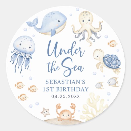 Onder het Zee Ocean Animals Verjaardagsfeest Ronde Sticker (Voorkant)