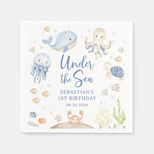 Onder het Zee Ocean Animals Verjaardagsfeest Servet (Voorkant)