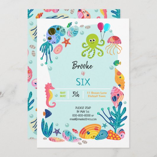 Onder het Zee Ocean Kids Birthday Party Invitation (Voorkant / Achterkant)