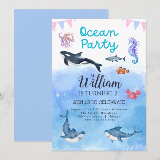 Onder het zee Ocean Kids Verjaardagsfeestuitnodigi Kaart (Voorkant / Achterkant)