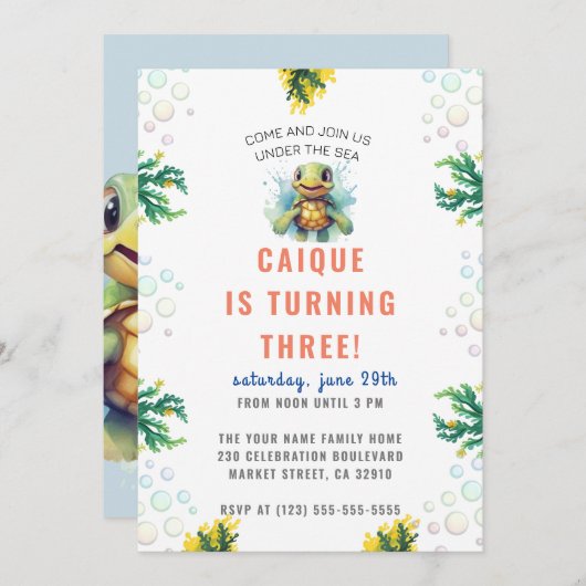 Onder het Zee Ocean Turtle Boys Verjaardagsfeest Kaart (Voorkant / Achterkant)