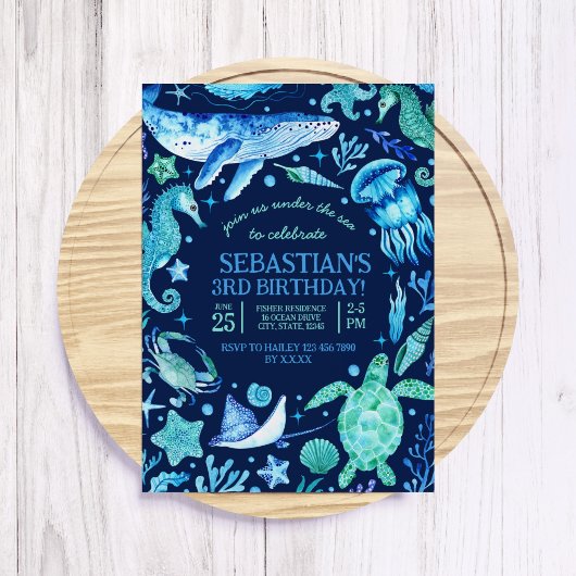 Onder het Zee Ocean Zee Animal Dark Blue Birthday Kaart