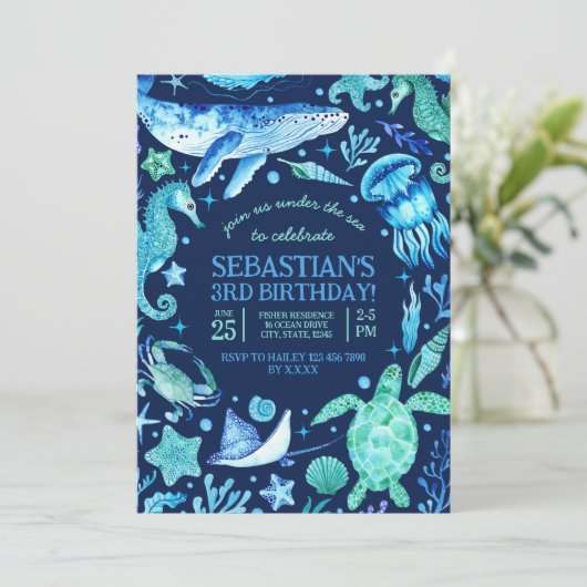 Onder het Zee Ocean Zee Animal Dark Blue Foto Kaart (Staand voorkant)