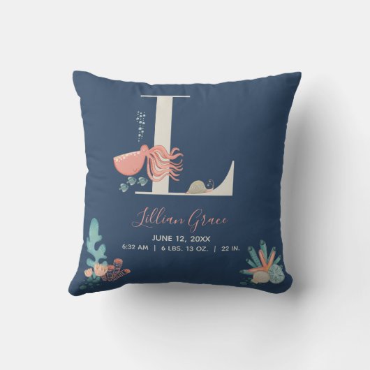 Onder het Zee Octopus Alfabet Letter L Geboortesta Kussen (Achterkant)